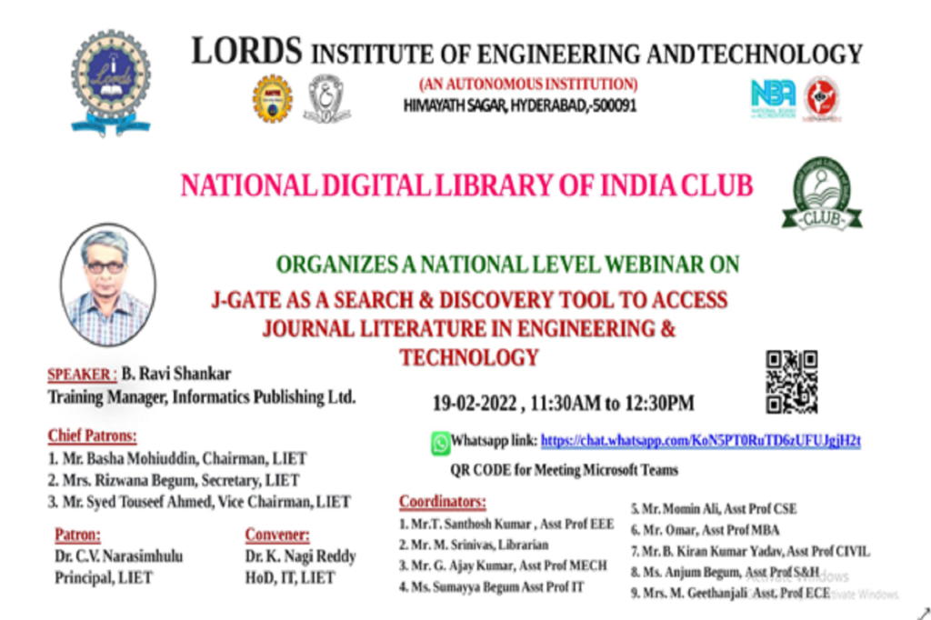 J Gate National Webinar on J-Gate E – Journals - Lords Institute of ...
